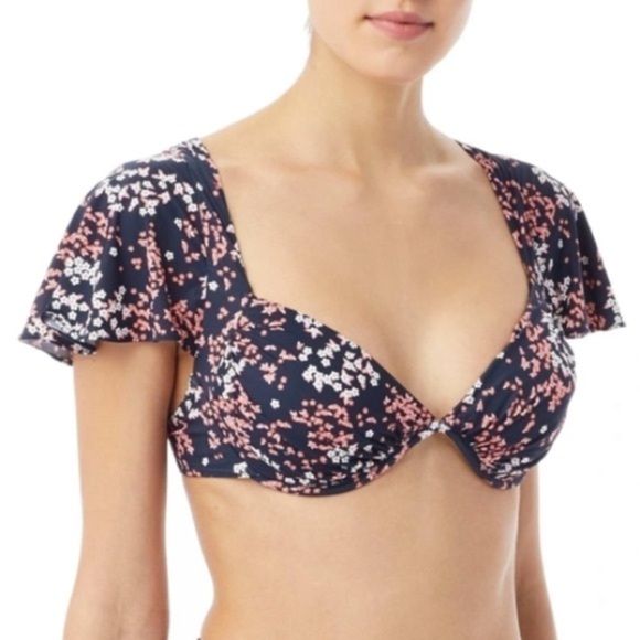NWT Michael Kors Cap Sleeve Underwire Bikini Top in Scattered Blooms Print sz L - Picture 4 of 16